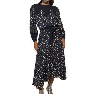 RIXO London Irene Crochet-Paneled Polka Dot Midi Dress Size M Navy - NO BELT